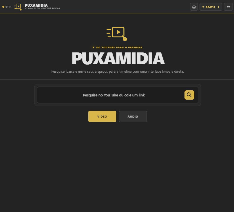 Interface do plugin PUXAMIDIA com busca de mídia e importação para o Premiere